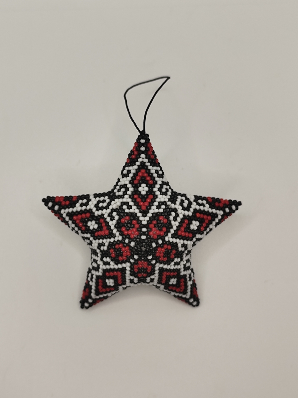 Beaded Star Ornament in Black, White & Red - Artisan Holiday Decor